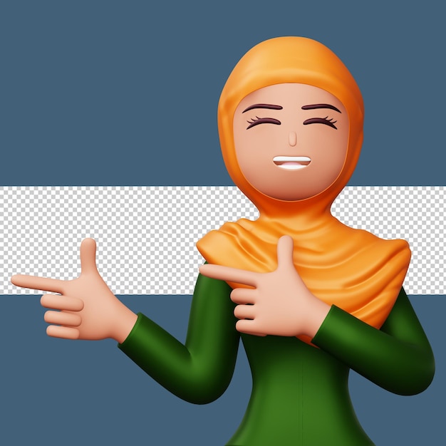 Happy excited woman pointing to the side Cute cartoon character 3d rendering