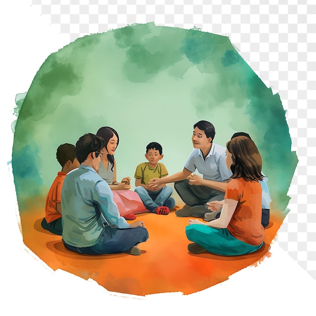 PSD happy family conversing in circle on clean background