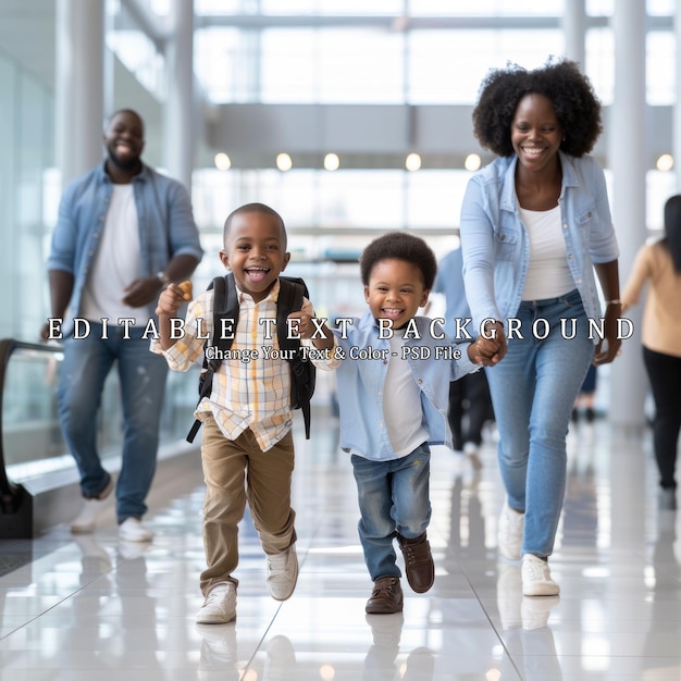 PSD happy family walking through airport