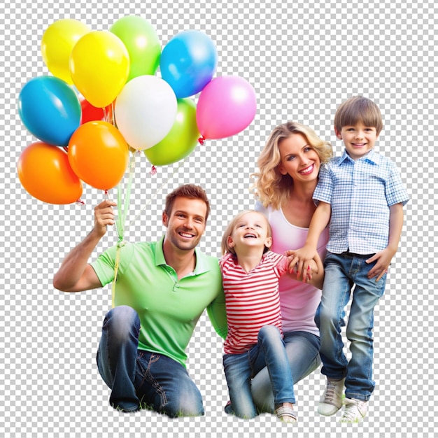 PSD happy family with balloons in the park isolated on transparent background