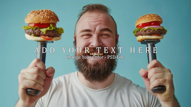 PSD happy fat man holding eating big delicious hamburger