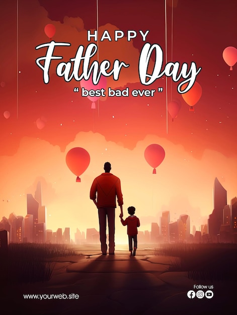 Happy father's day poster with a background of father and son looking at a very beautiful sky