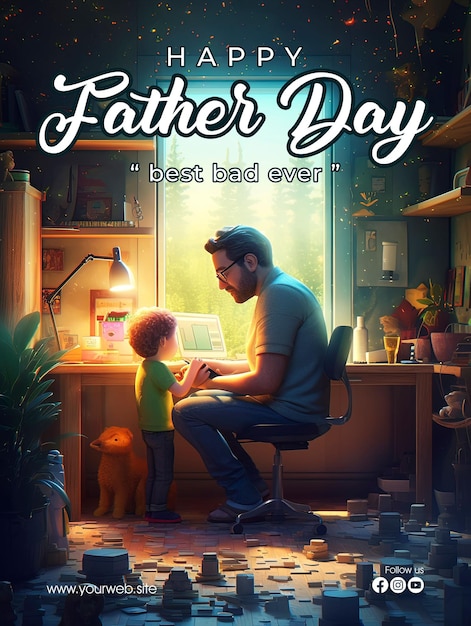 Happy father's day poster with a background of father and son looking at a very beautiful sky