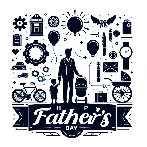 Happy fathers day dad and son beautiful silhouette sunset scene poster design