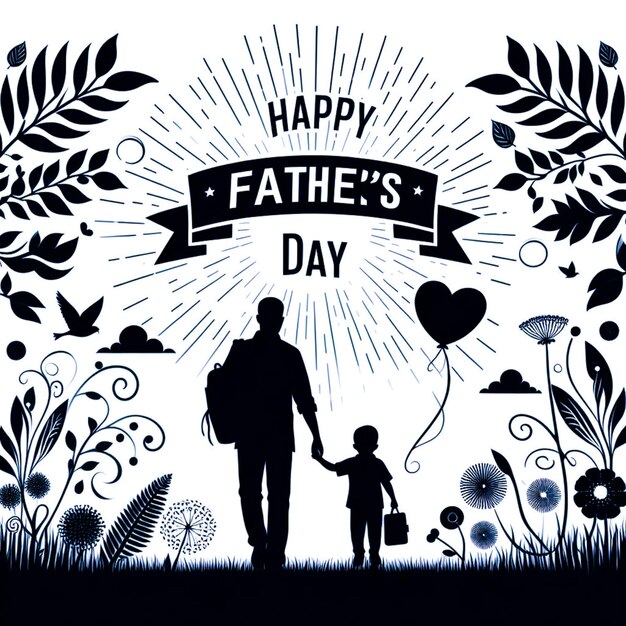 Happy fathers day dad and son beautiful silhouette sunset scene poster design