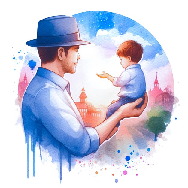 Happy fathers day the parent holds the hand of a small child watercolor design