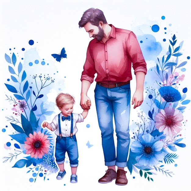 Happy fathers day the parent holds the hand of a small child watercolor design