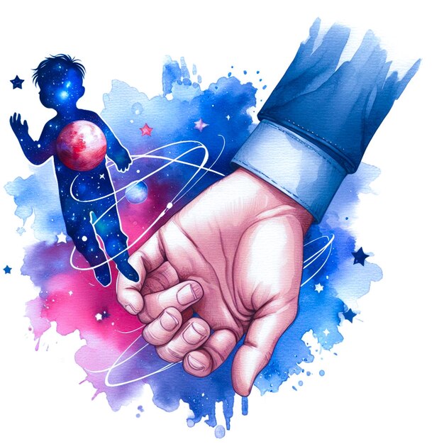 Happy fathers day the parent holds the hand of a small child watercolor design