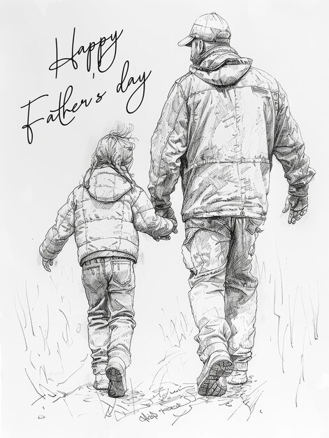 PSD happy fathers day poster template with background drawing line about father and daughter checkhand