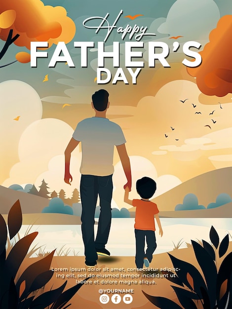 PSD happy fathers day poster template with a father and children illustration background psd