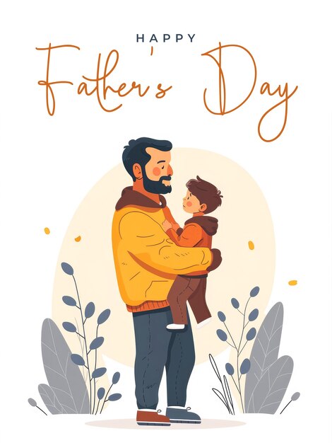 PSD happy fathers day poster template with flat vector illustration father and son holding