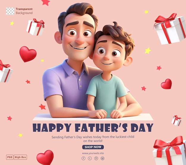 Happy fathers day sale template with 3d father and son cartoon characters with red gifts