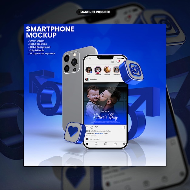 Happy fathers day smartphone mockup with instagram feed interface