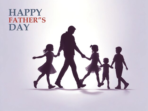 Happy fathers day with dad and children silhouettes on background template