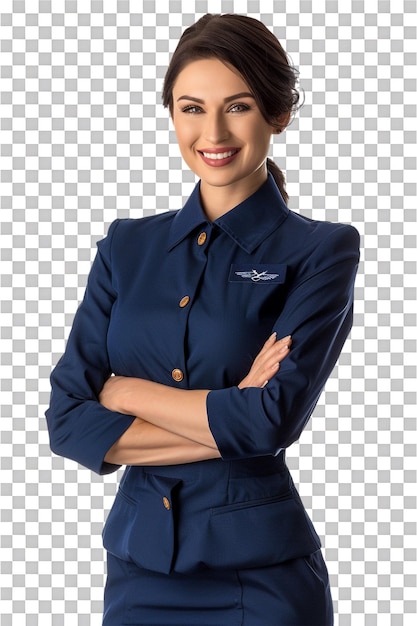 PSD happy flight attendant stewardess with crossed arms alone against transparent background