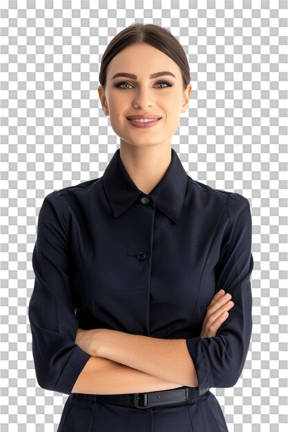 PSD happy flight attendant stewardess with crossed arms alone against transparent background