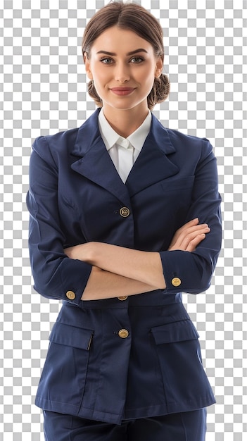 PSD happy flight attendant stewardess with crossed arms alone against transparent background