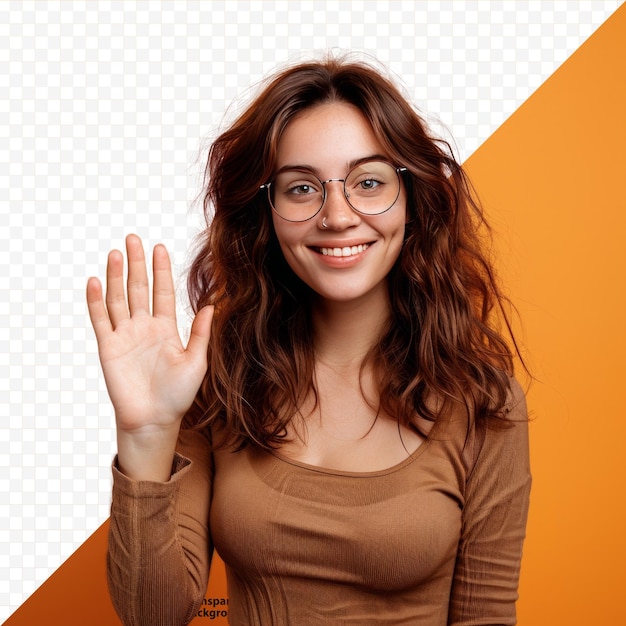 Happy friendly girl glasses wearing brown top waves palm in hello expresses positive emotions isolated on orange isolated background studio shot