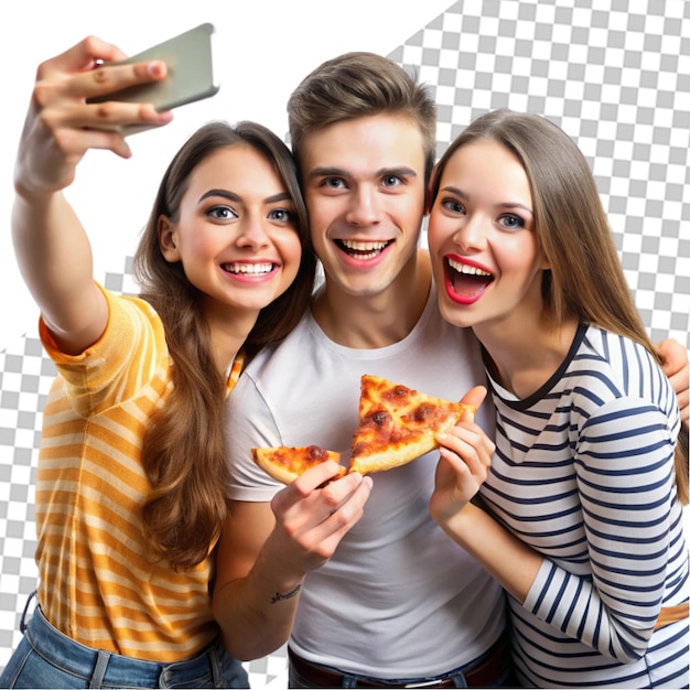 PSD happy friends enjoying delicious pizza together at a restaurant