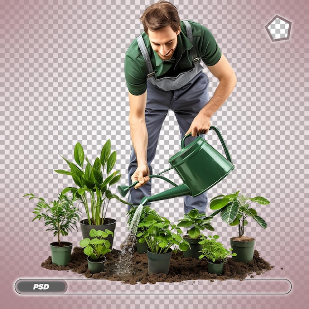 PSD happy gardener watering plants isolated on transparent background