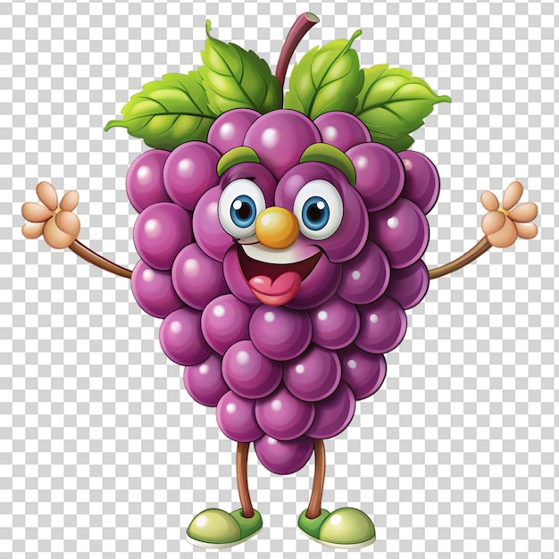 PSD a happy grape character with purple eyes and a purple stem on transparent background