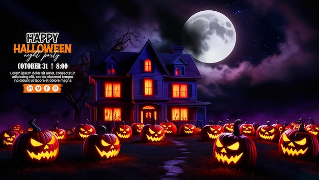 PSD happy halloween background with pumpkin haunted house on full moon