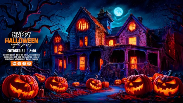 PSD happy halloween background with pumpkin haunted house on full moon