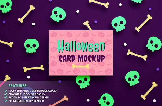 Happy Halloween greeting card mockup on a paper pumpkins background in 3D rendering