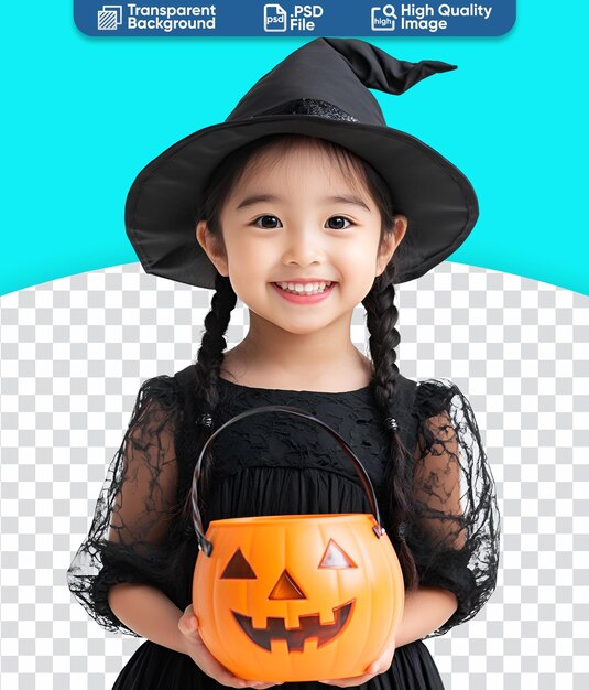 PSD happy halloween party with an asian little girl in witch costume and hat