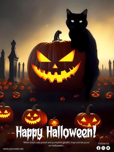 Happy Halloween Poster Template With Black Cat And Scary Laughing Pumpkin Patch Night