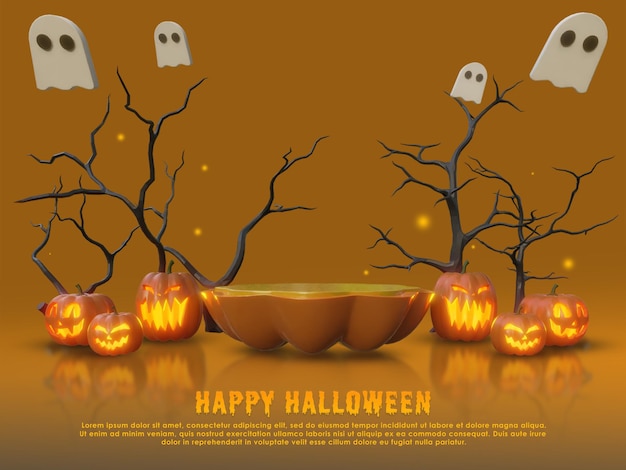 happy halloween promotion design with pumpkin podium and orange background