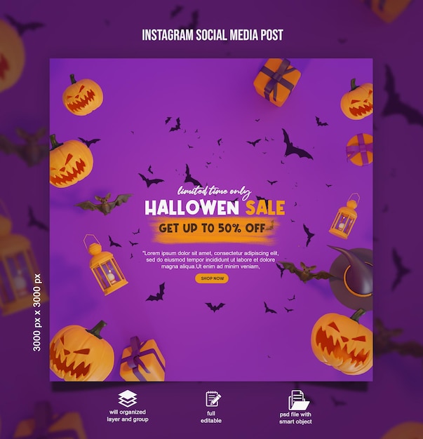 happy halloween sale banner social media post flyer template social media 3d rendering