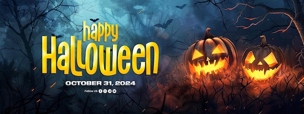 PSD happy halloween template banner with pumpkin ghost background and scary background