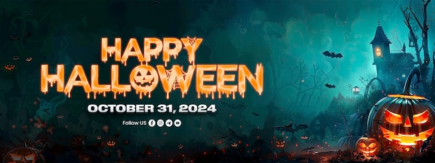 PSD happy halloween template banner with pumpkin ghost background and scary background