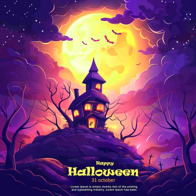 Happy halloween with haunted house on full moon