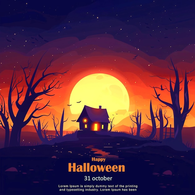 PSD happy halloween with haunted house on full moon