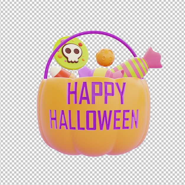 Happy Halloween with JackoLantern pumpkin basket full of colorful candies and sweets isolated on white background traditional october holiday 3d rendering