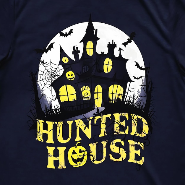 Happy halloween with yellow pumpkin haunted house on full moon