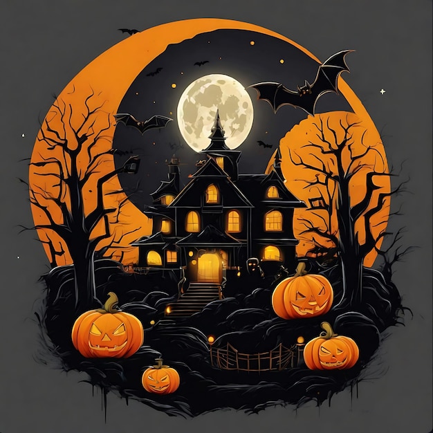 Happy halloween with yellow pumpkin haunted house on full moon