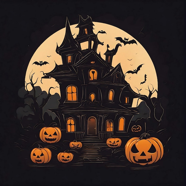 Happy halloween with yellow pumpkin haunted house on full moon