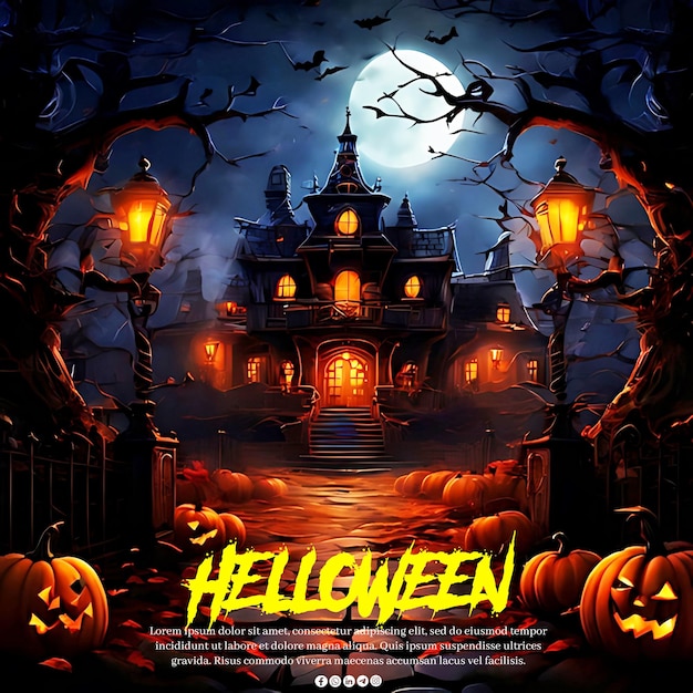 Happy halloween with yellow pumpkin haunted house on full moon