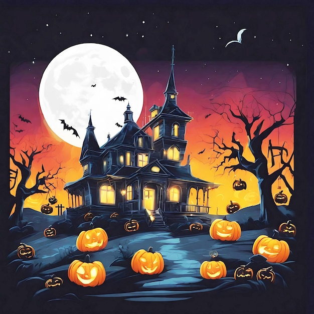 Happy halloween with yellow pumpkin haunted house on full moon