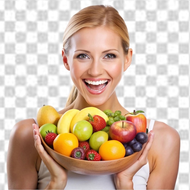 PSD happy health and portrait of woman with fruit on transparent background