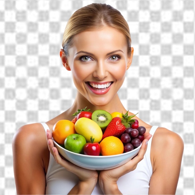 happy health and portrait of woman with fruit on transparent background