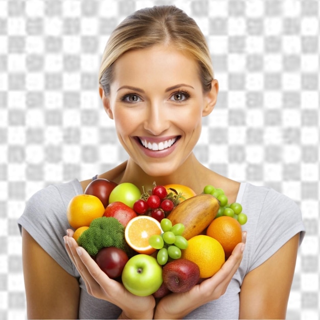 PSD happy health and portrait of woman with fruit on transparent background