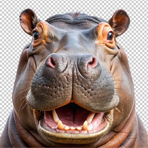 PSD happy hippopotamus face shot on isolated transparent background