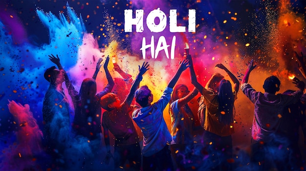 Happy holi banner design with people celebrating for holi festival of colour in nepal