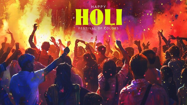 PSD happy holi banner design with people celebrating for holi festival of colour in nepal