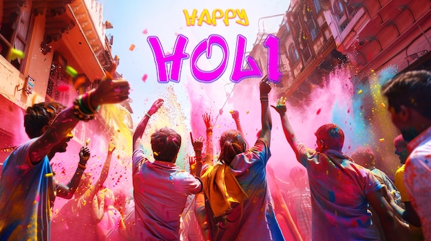 PSD happy holi banner design with people celebrating for holi festival of colour in nepal