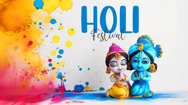 PSD happy holi with joyful cute little krishna and radha playing with colors